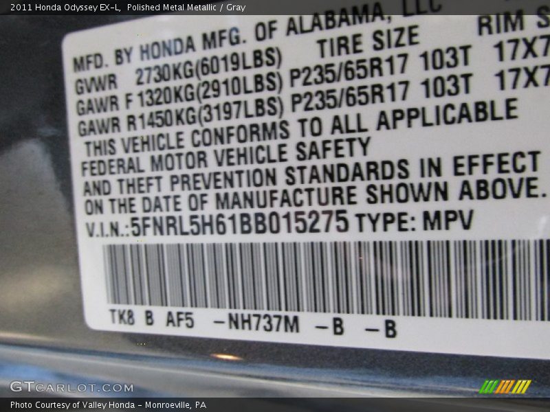 Polished Metal Metallic / Gray 2011 Honda Odyssey EX-L