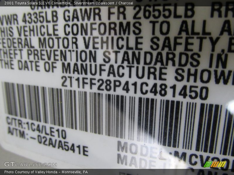 Silverstream Opalescent / Charcoal 2001 Toyota Solara SLE V6 Convertible