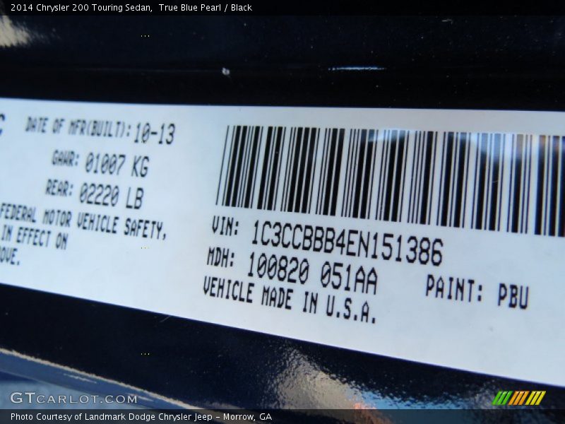 True Blue Pearl / Black 2014 Chrysler 200 Touring Sedan
