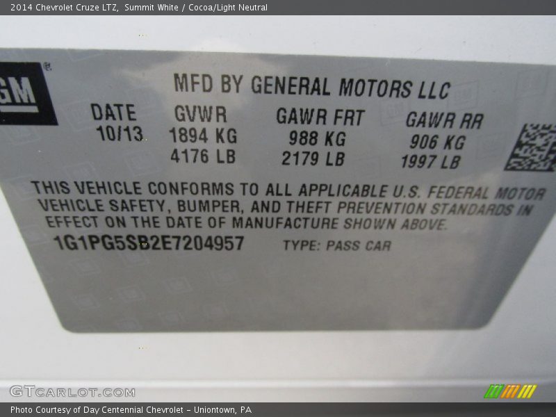 Summit White / Cocoa/Light Neutral 2014 Chevrolet Cruze LTZ