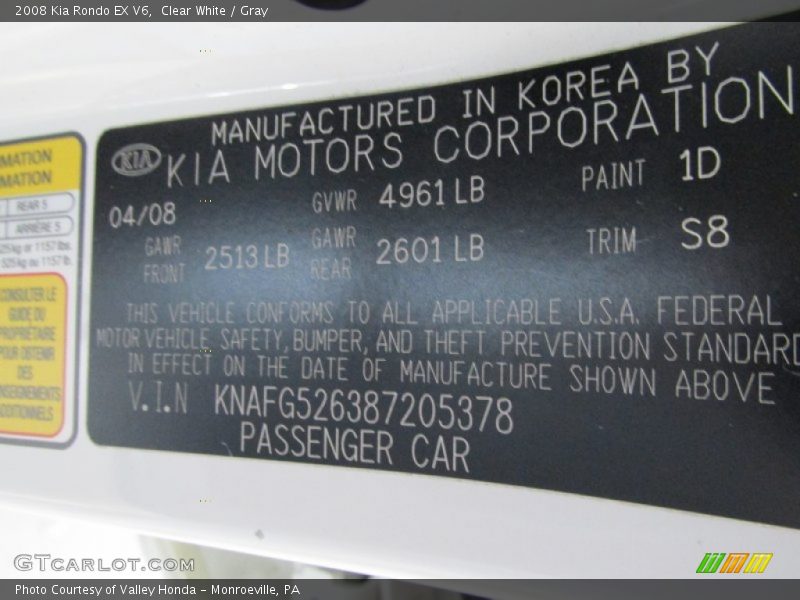 Clear White / Gray 2008 Kia Rondo EX V6