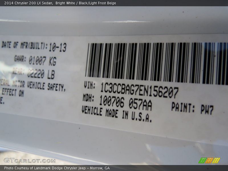 Bright White / Black/Light Frost Beige 2014 Chrysler 200 LX Sedan