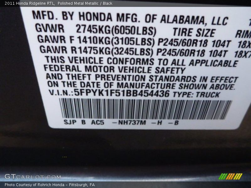 Polished Metal Metallic / Black 2011 Honda Ridgeline RTL