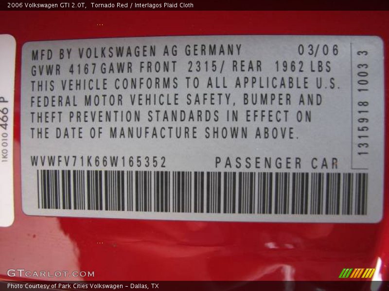Tornado Red / Interlagos Plaid Cloth 2006 Volkswagen GTI 2.0T