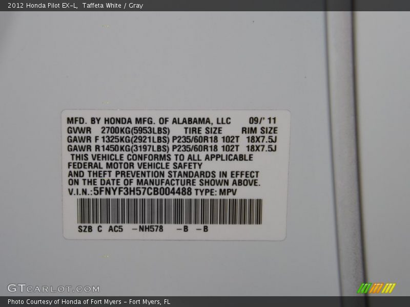 Taffeta White / Gray 2012 Honda Pilot EX-L