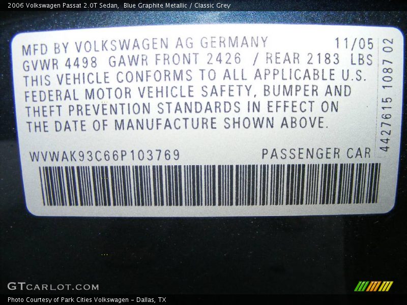 Blue Graphite Metallic / Classic Grey 2006 Volkswagen Passat 2.0T Sedan