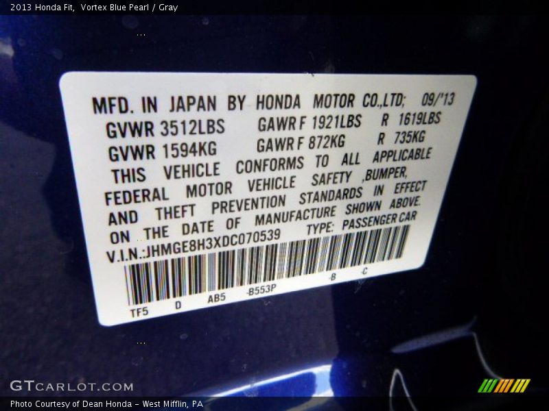 Vortex Blue Pearl / Gray 2013 Honda Fit