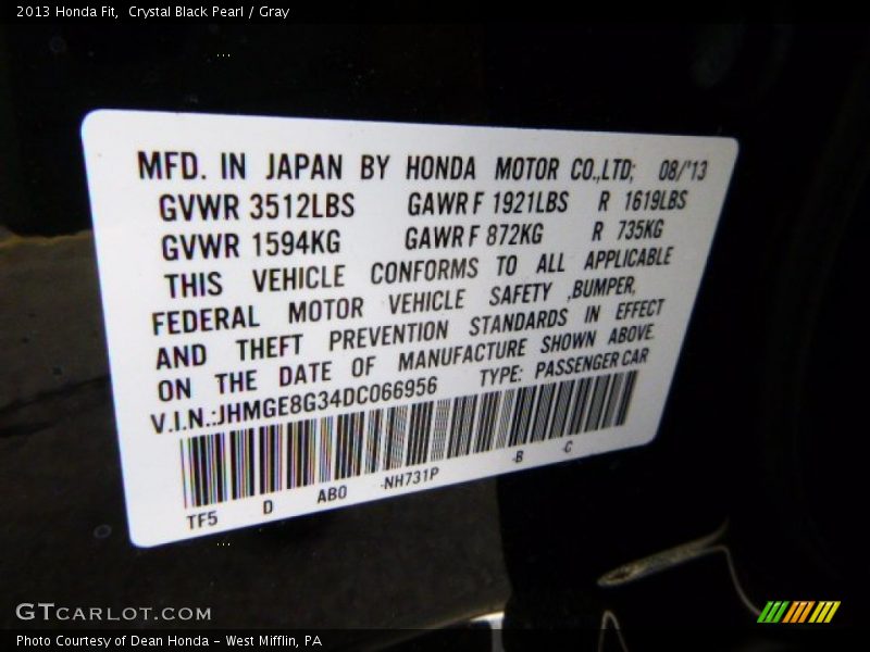 Crystal Black Pearl / Gray 2013 Honda Fit