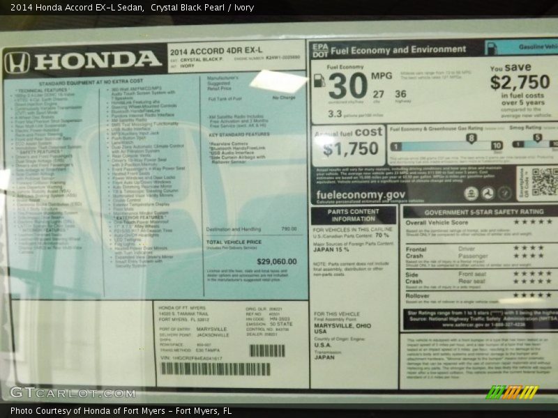 Crystal Black Pearl / Ivory 2014 Honda Accord EX-L Sedan