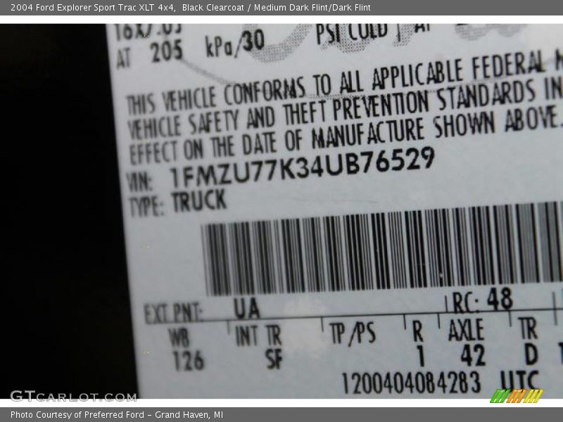 2004 Explorer Sport Trac XLT 4x4 Black Clearcoat Color Code UA