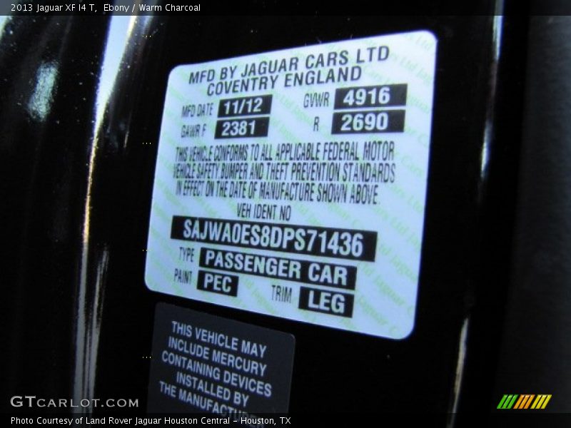2013 XF I4 T Ebony Color Code PEC