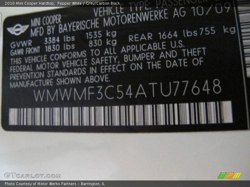 Pepper White / Grey/Carbon Black 2010 Mini Cooper Hardtop