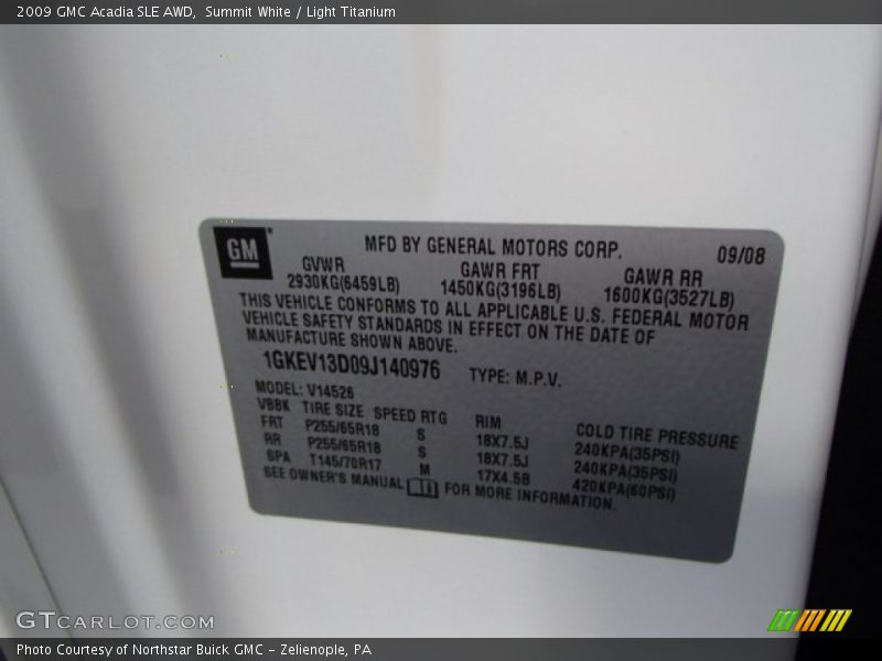 Summit White / Light Titanium 2009 GMC Acadia SLE AWD