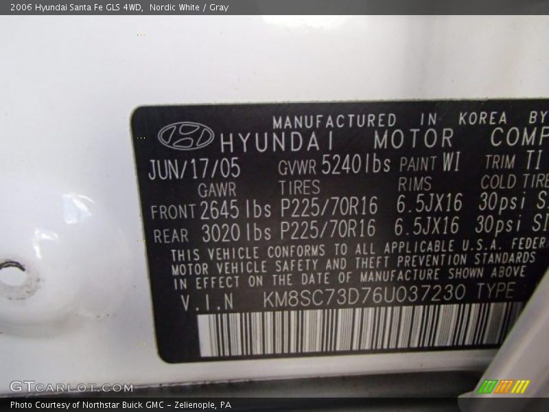 2006 Santa Fe GLS 4WD Nordic White Color Code WI