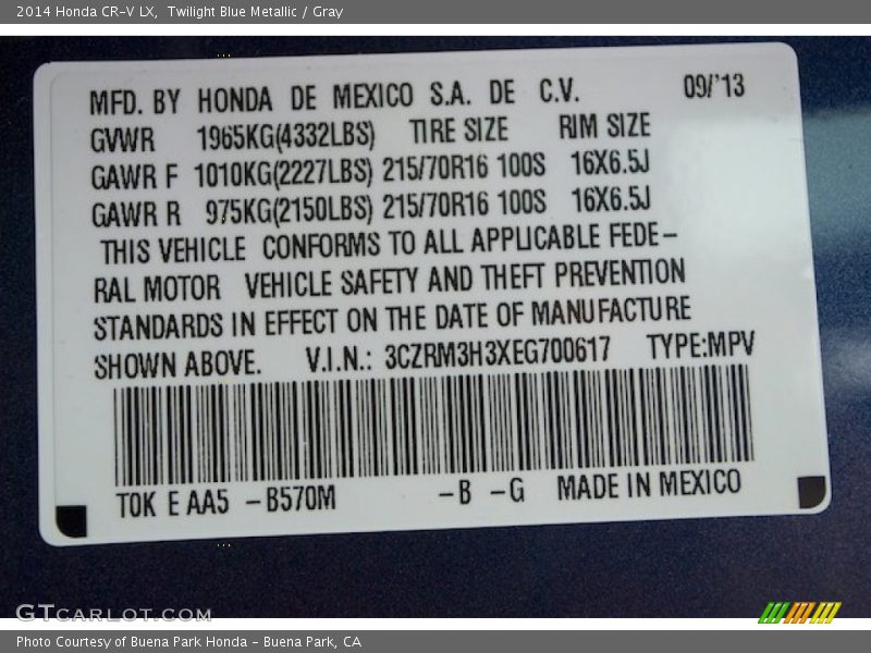 2014 CR-V LX Twilight Blue Metallic Color Code B570M