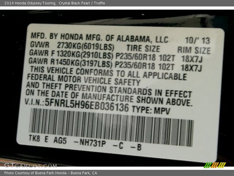 Crystal Black Pearl / Truffle 2014 Honda Odyssey Touring