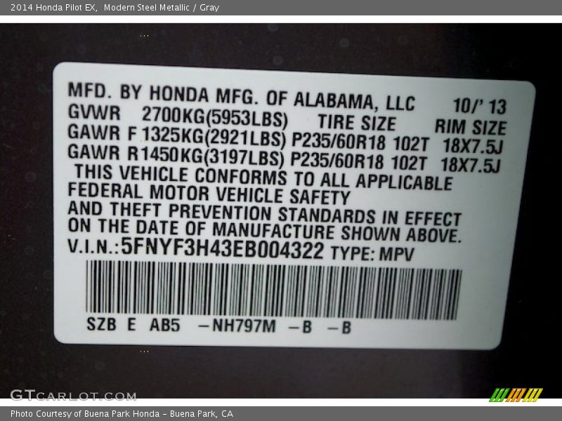 Modern Steel Metallic / Gray 2014 Honda Pilot EX