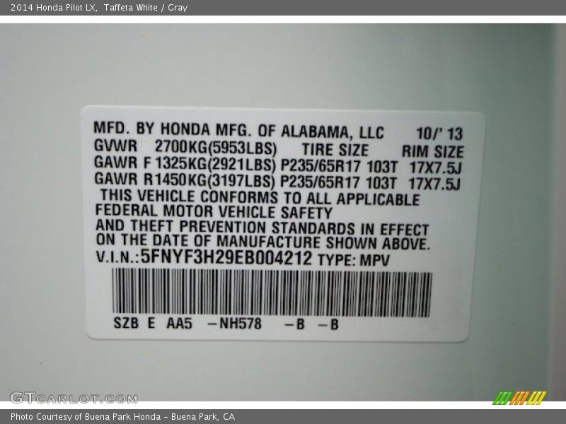 Taffeta White / Gray 2014 Honda Pilot LX