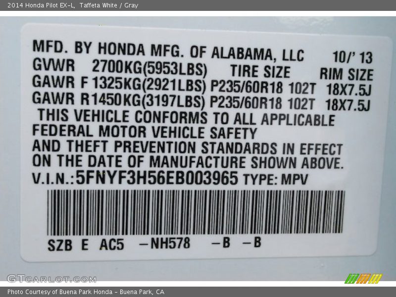Taffeta White / Gray 2014 Honda Pilot EX-L