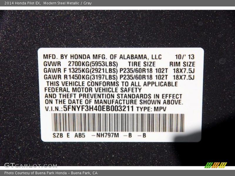 Modern Steel Metallic / Gray 2014 Honda Pilot EX