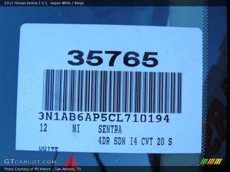 Aspen White / Beige 2012 Nissan Sentra 2.0 S