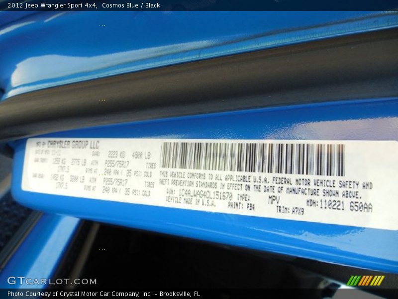 Cosmos Blue / Black 2012 Jeep Wrangler Sport 4x4