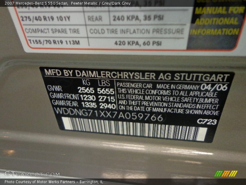 Pewter Metallic / Grey/Dark Grey 2007 Mercedes-Benz S 550 Sedan