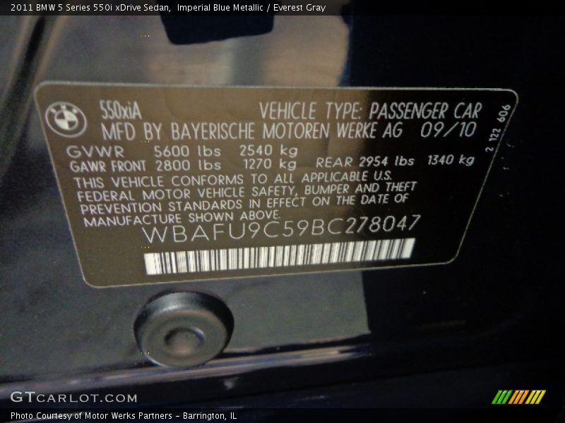 Imperial Blue Metallic / Everest Gray 2011 BMW 5 Series 550i xDrive Sedan