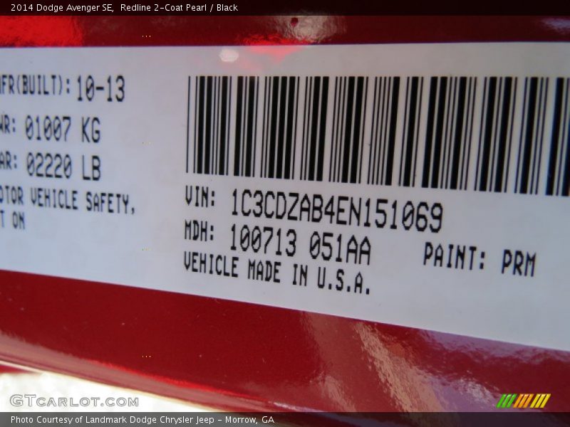 Redline 2-Coat Pearl / Black 2014 Dodge Avenger SE