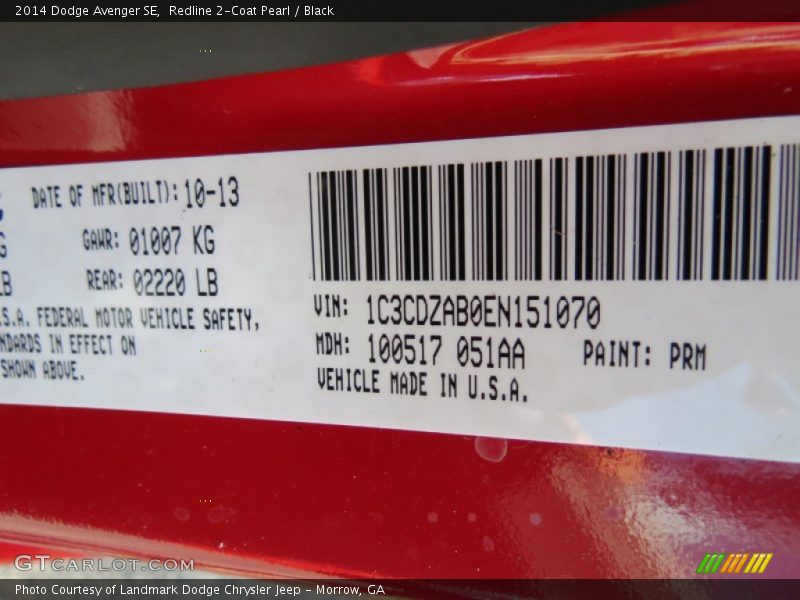 Redline 2-Coat Pearl / Black 2014 Dodge Avenger SE