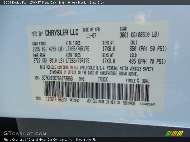 2008 Ram 1500 ST Mega Cab Bright White Color Code PW7