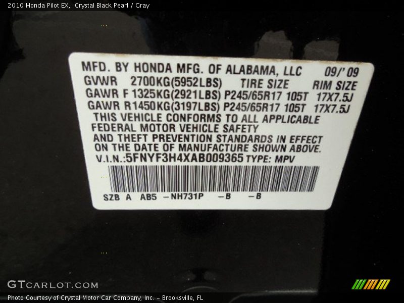 Crystal Black Pearl / Gray 2010 Honda Pilot EX