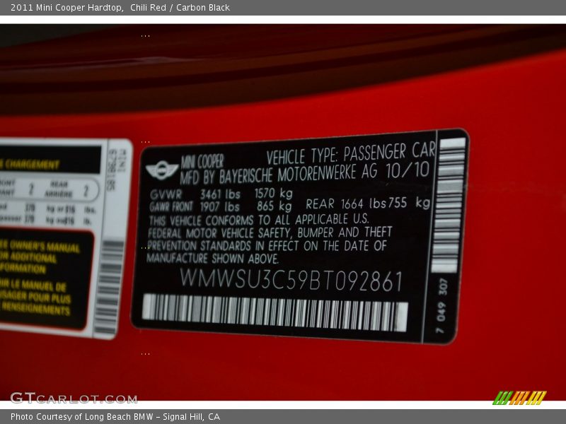 Chili Red / Carbon Black 2011 Mini Cooper Hardtop