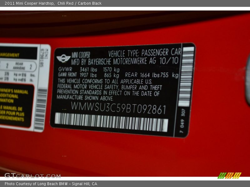 Chili Red / Carbon Black 2011 Mini Cooper Hardtop