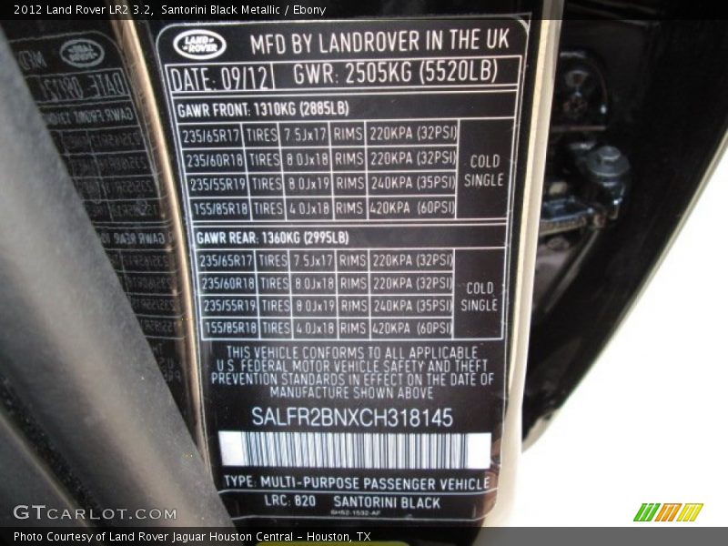 Santorini Black Metallic / Ebony 2012 Land Rover LR2 3.2
