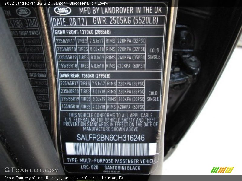 Santorini Black Metallic / Ebony 2012 Land Rover LR2 3.2