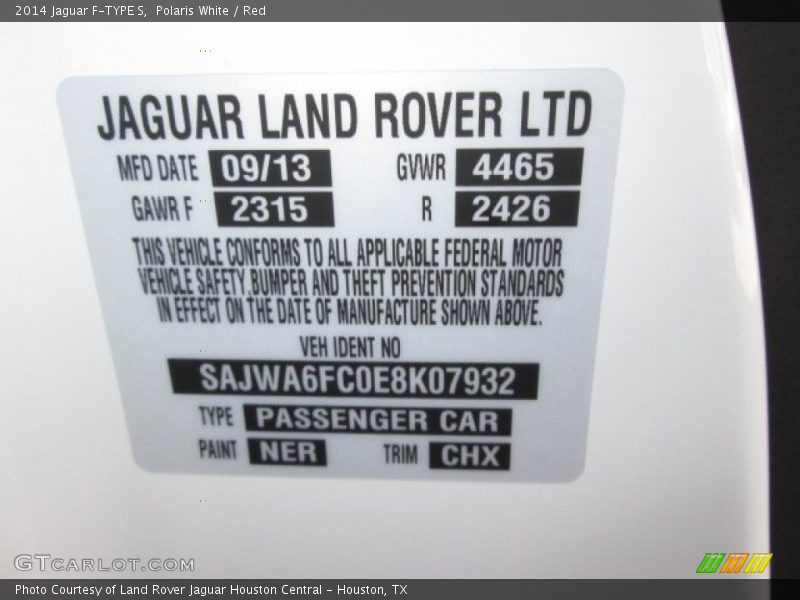 2014 F-TYPE S Polaris White Color Code NER