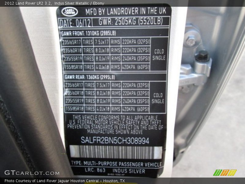 Indus Silver Metallic / Ebony 2012 Land Rover LR2 3.2