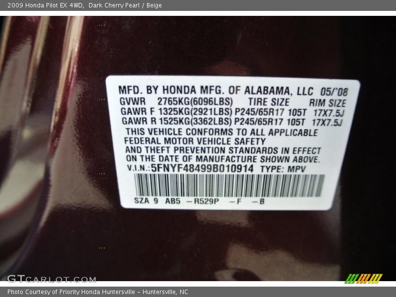 Dark Cherry Pearl / Beige 2009 Honda Pilot EX 4WD