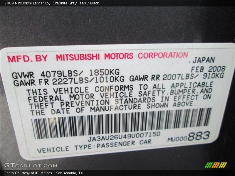 Graphite Gray Pearl / Black 2009 Mitsubishi Lancer ES