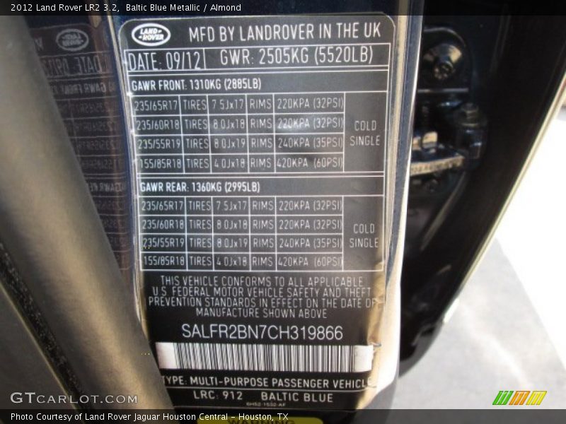 2012 LR2 3.2 Baltic Blue Metallic Color Code 912