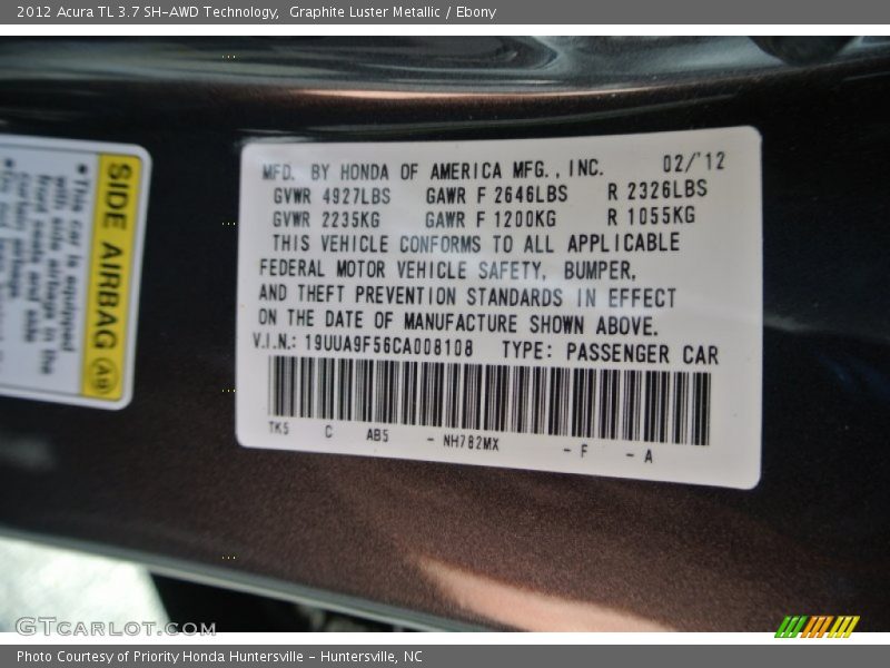 Graphite Luster Metallic / Ebony 2012 Acura TL 3.7 SH-AWD Technology