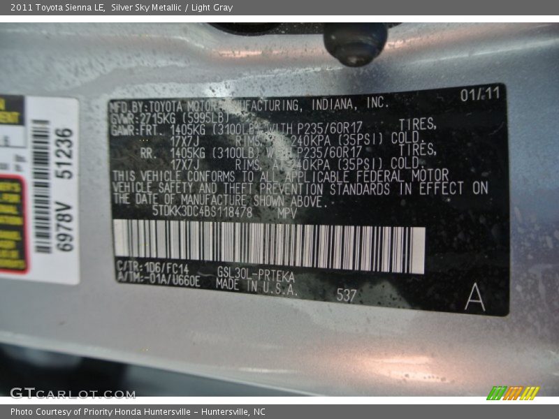 Silver Sky Metallic / Light Gray 2011 Toyota Sienna LE