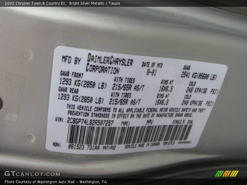 Bright Silver Metallic / Taupe 2002 Chrysler Town & Country EX