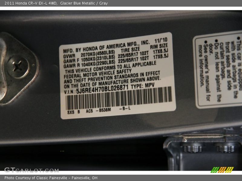 Glacier Blue Metallic / Gray 2011 Honda CR-V EX-L 4WD