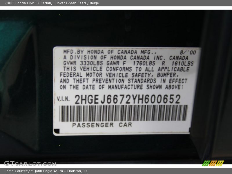 Info Tag of 2000 Civic LX Sedan