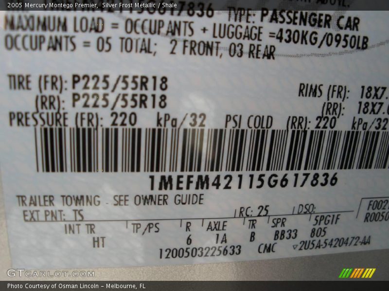 Silver Frost Metallic / Shale 2005 Mercury Montego Premier