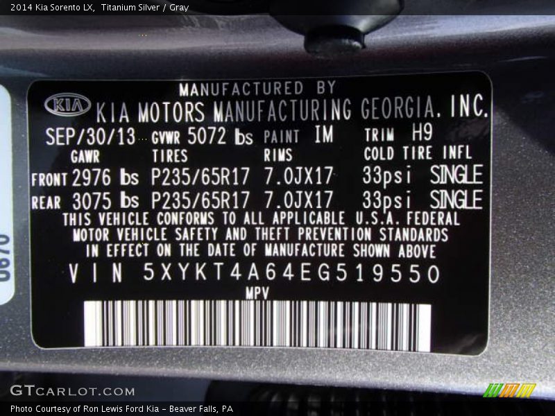 2014 Sorento LX Titanium Silver Color Code IM