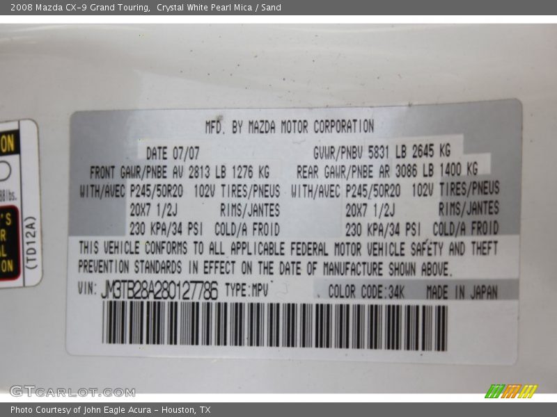 Crystal White Pearl Mica / Sand 2008 Mazda CX-9 Grand Touring