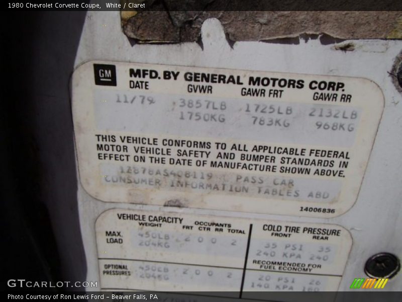 Info Tag of 1980 Corvette Coupe